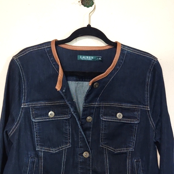 Ralph Lauren Dark Blue Denim Jacket Leather Trim Collar Large - Picture 4 of 13